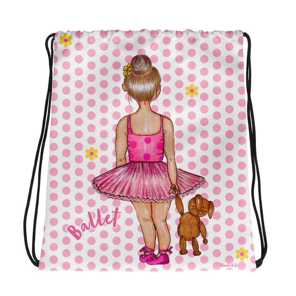 Ballerina Dancer Customizable Gym Bag, pink outfit with teddy bear on a pink polka dot design. - IllustrArte