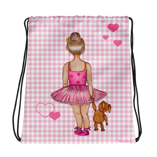 Ballerina Girl Gym Bag, pink outfit with a teddy bear on a pink polka dot design. - IllustrArte