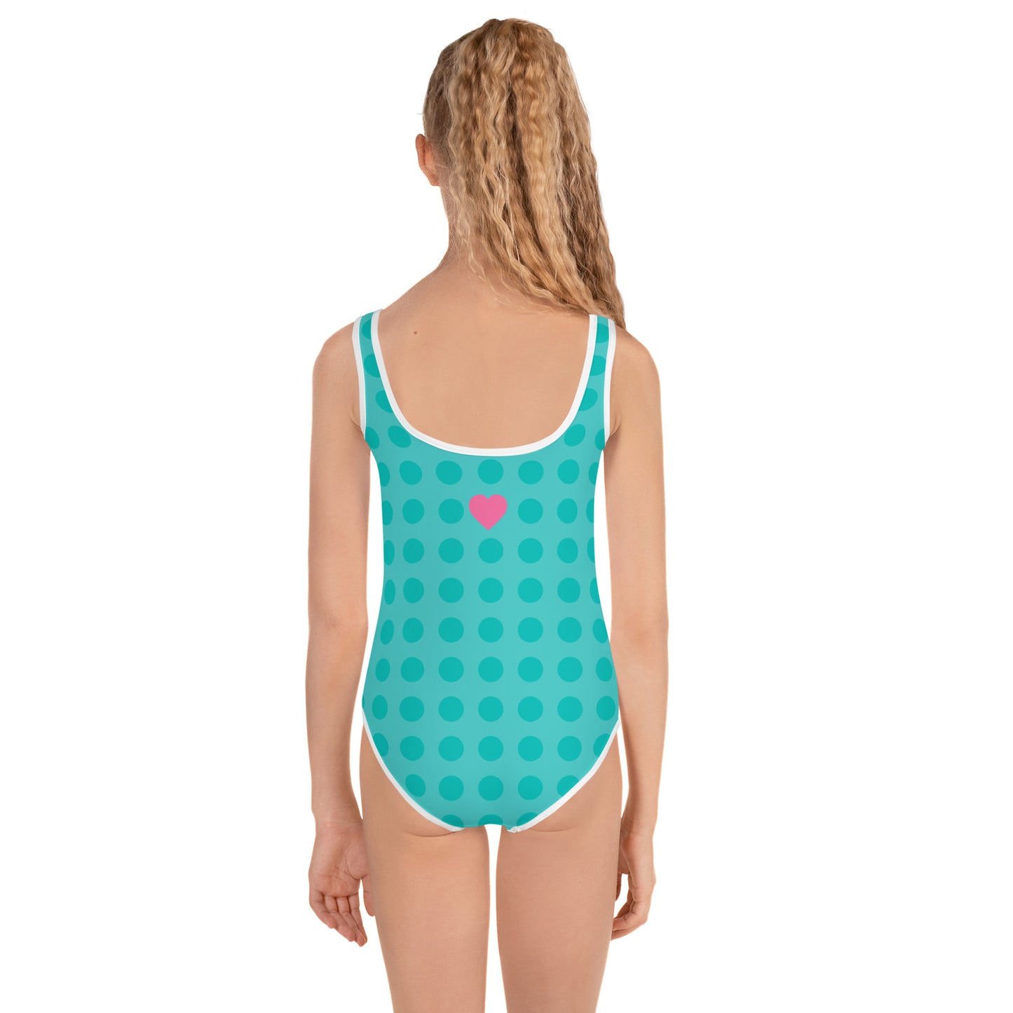 a woman in a blue swimsuit with a pink heart on it
