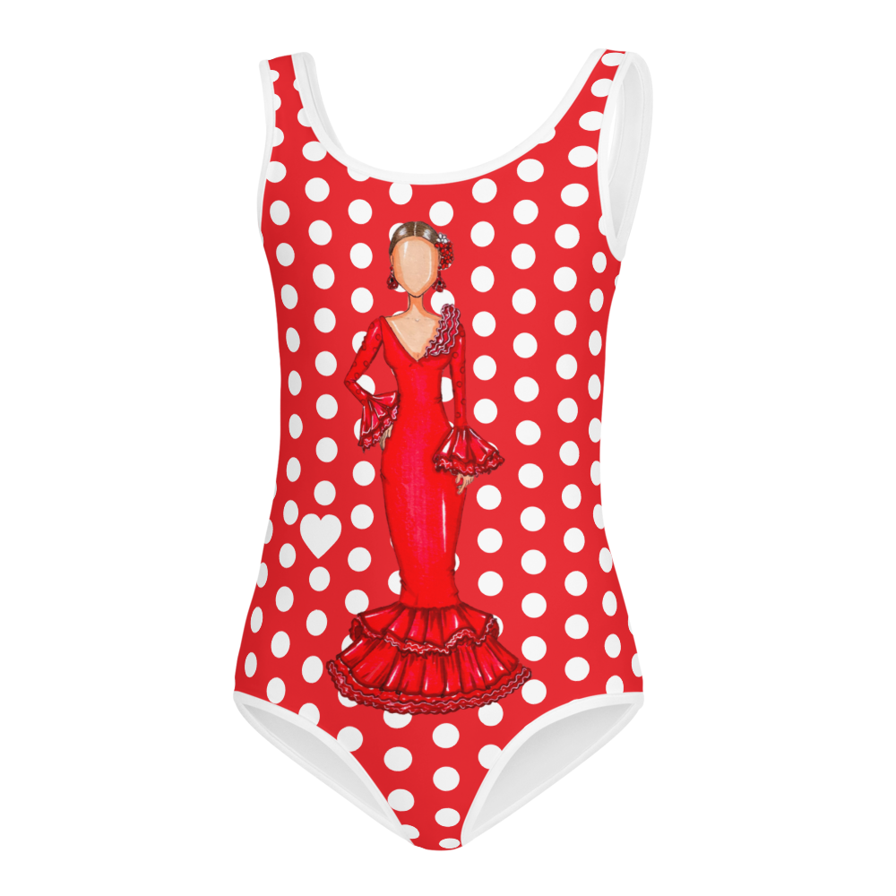 Bañador Infantil Personalizable Flamenco Lovers - Bailaora de Flamenco con Vestido Rojo