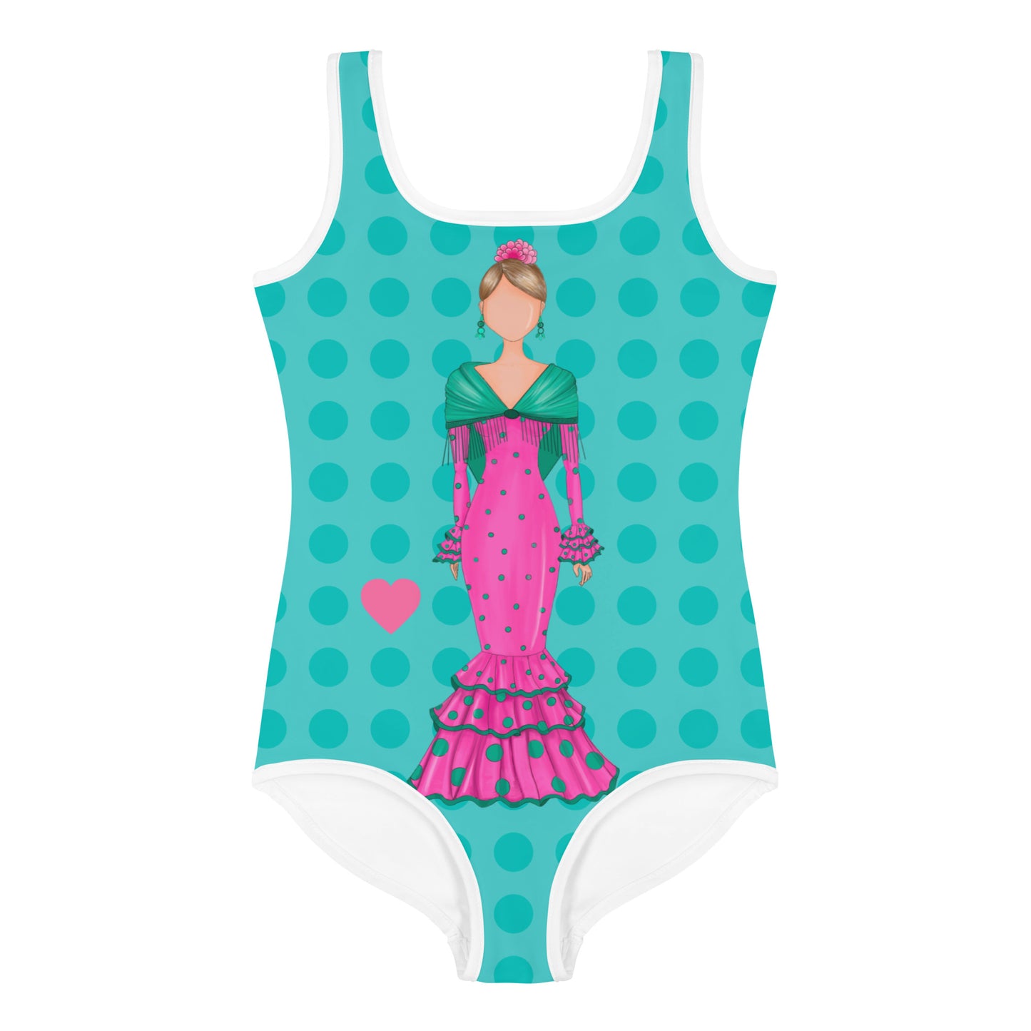 a women's swimsuit with a picture of a woman in a pink dress