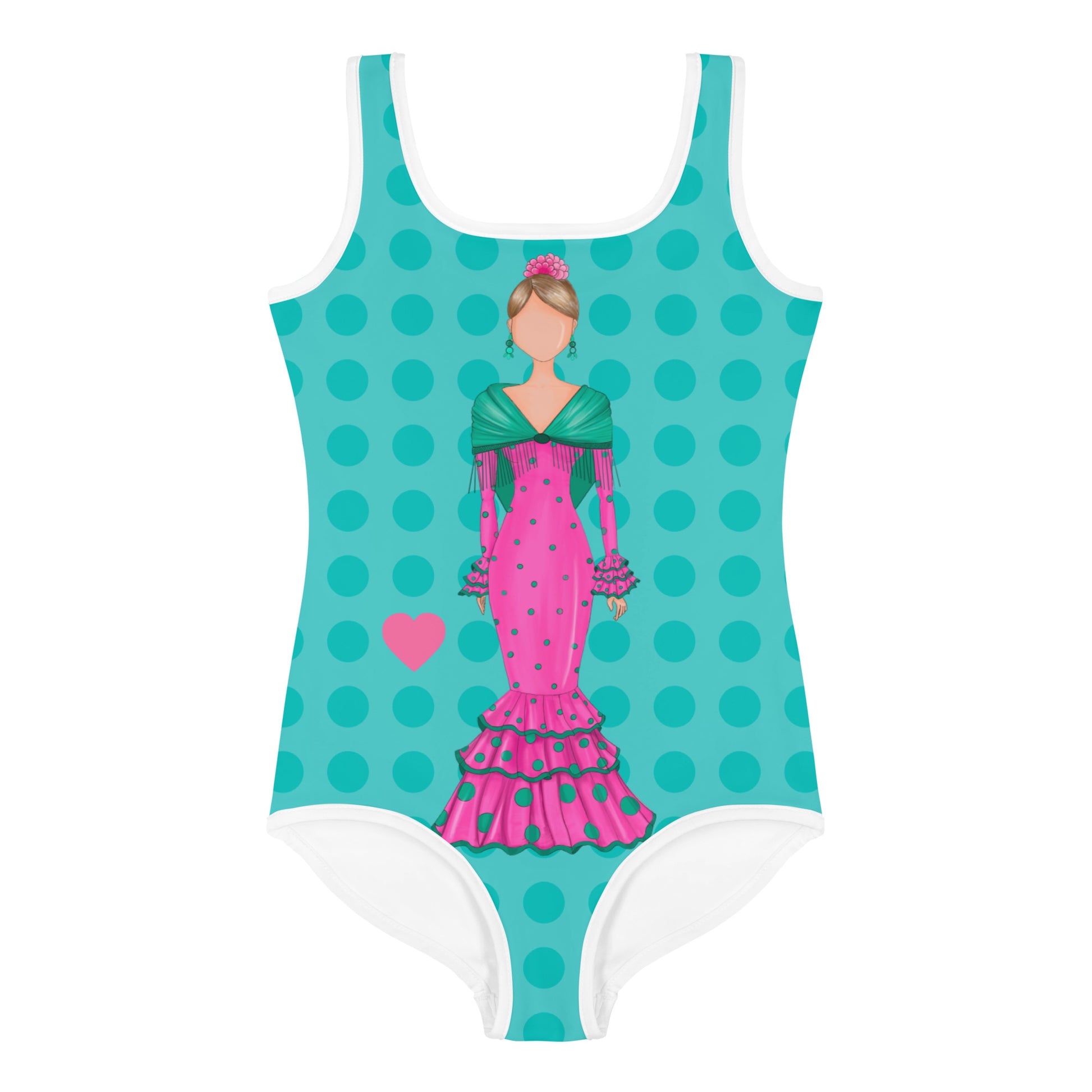a women's swimsuit with a picture of a woman in a pink dress