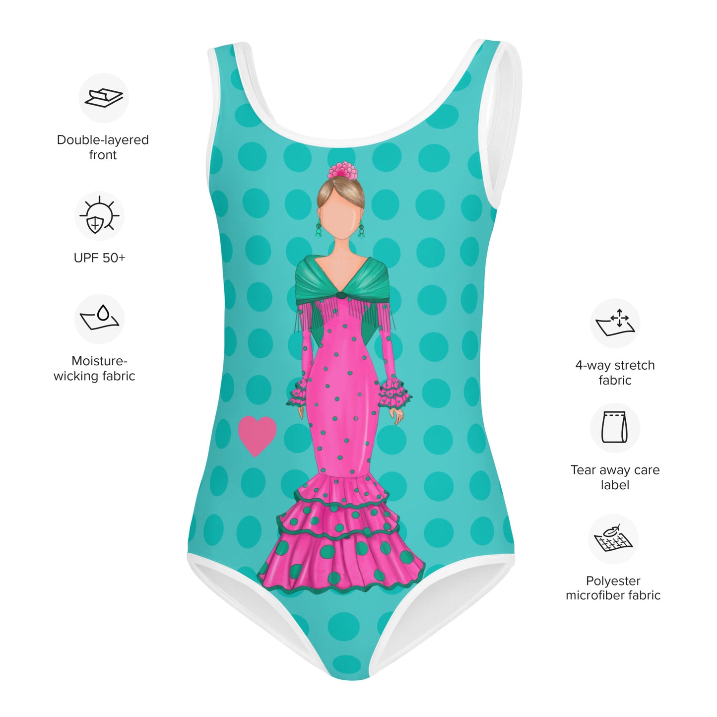a women's swimsuit with a graphic of a woman in a pink dress