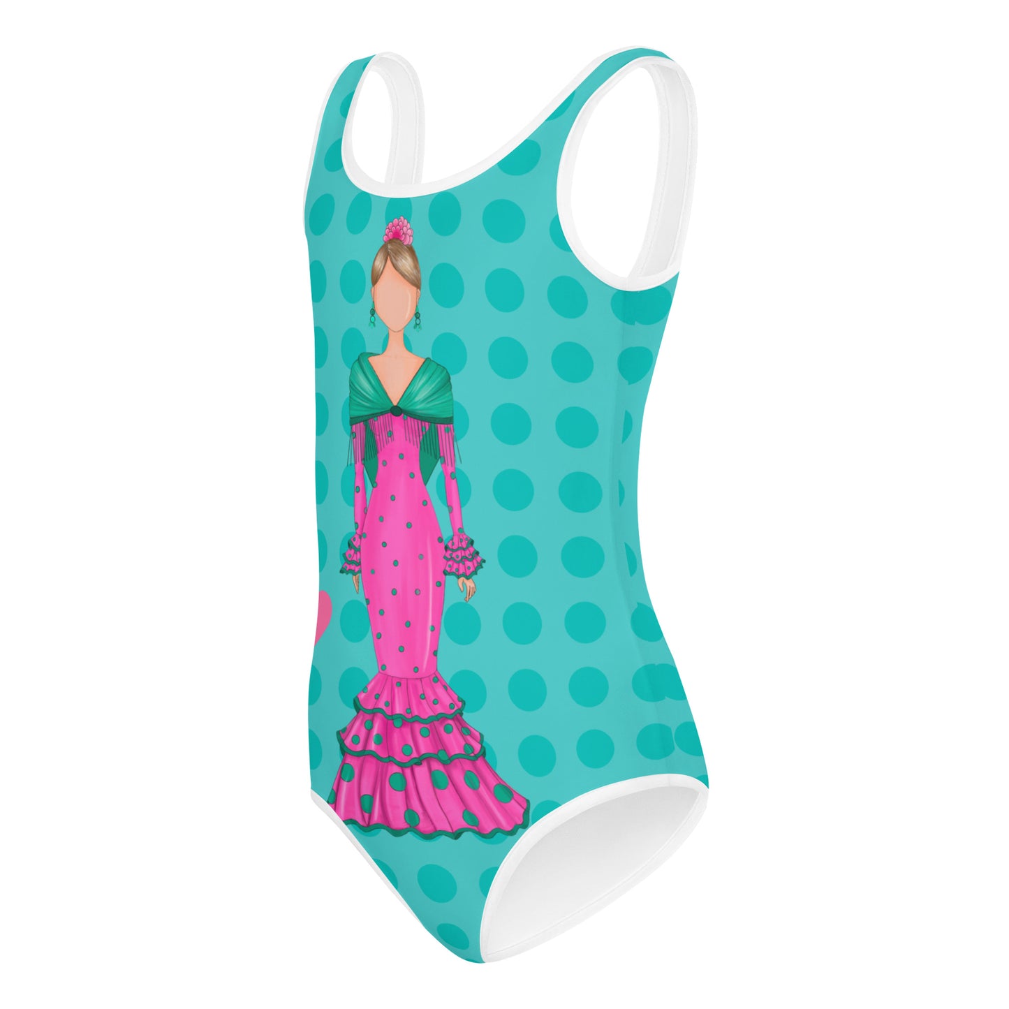 a woman's swimsuit with a picture of a woman in a pink dress