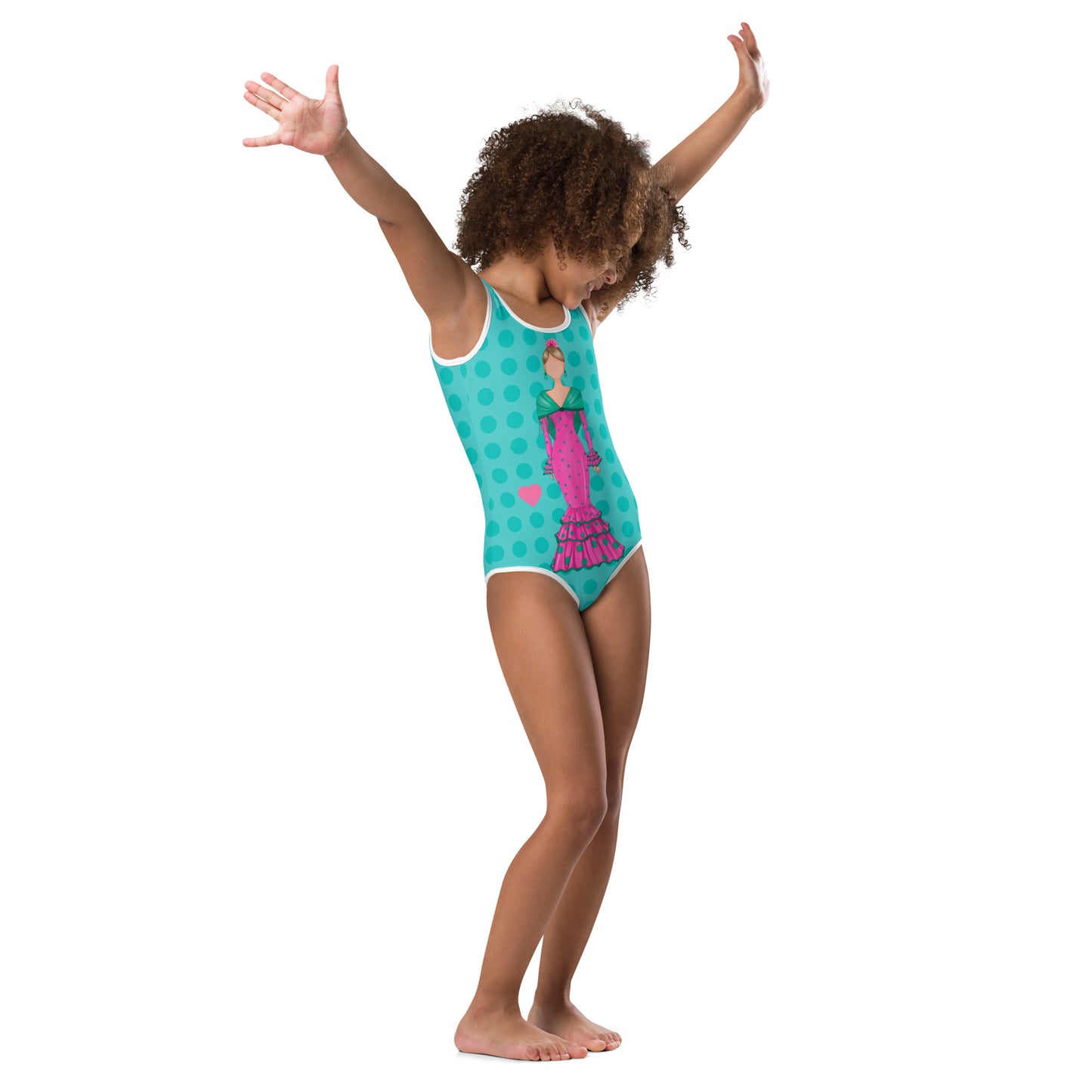 a little girl in a blue and pink leotard