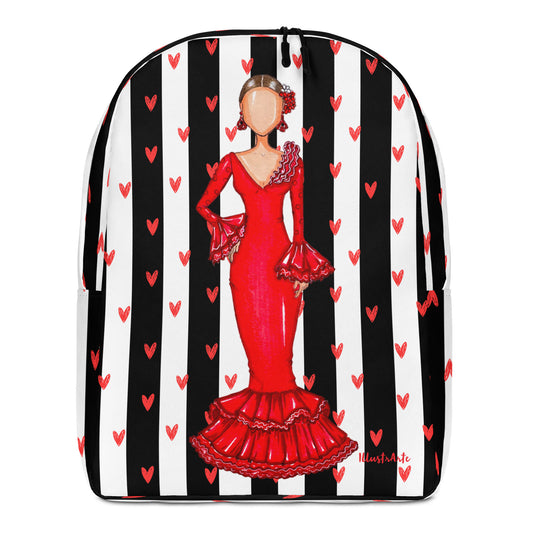Flamenco Dancer Backpack, red dress with red hearts and a black and white stripe design design. - IllustrArte