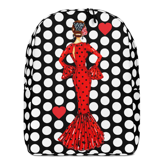 Flamenco Dancer Backpack, red dress with black polka dots on a white polka dot design. - IllustrArte