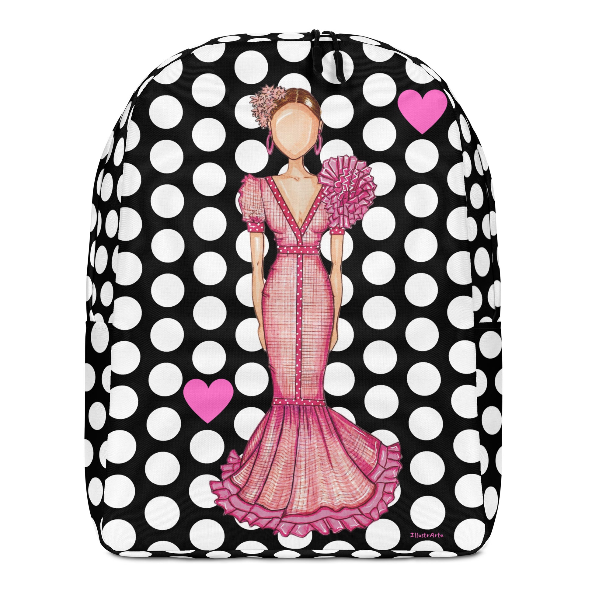 Flamenco Dancer Backpack, pink dress with white polka dot design. - IllustrArte