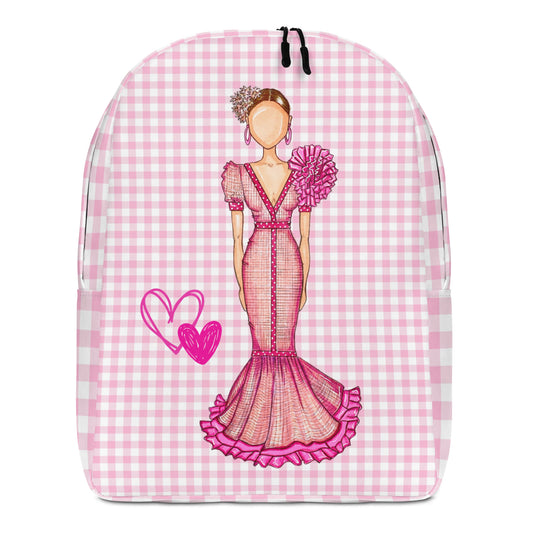 Flamenco Dancer Backpack, pink dress with pink gingham check design. - IllustrArte