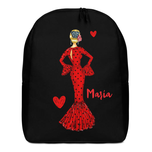 Flamenco Dancer Customizable Backpack, red dress with black polka dots and red hearts design. - IllustrArte