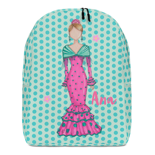 Flamenco Dancer Customizable Backpack, pink dress with a green shawl design. - IllustrArte