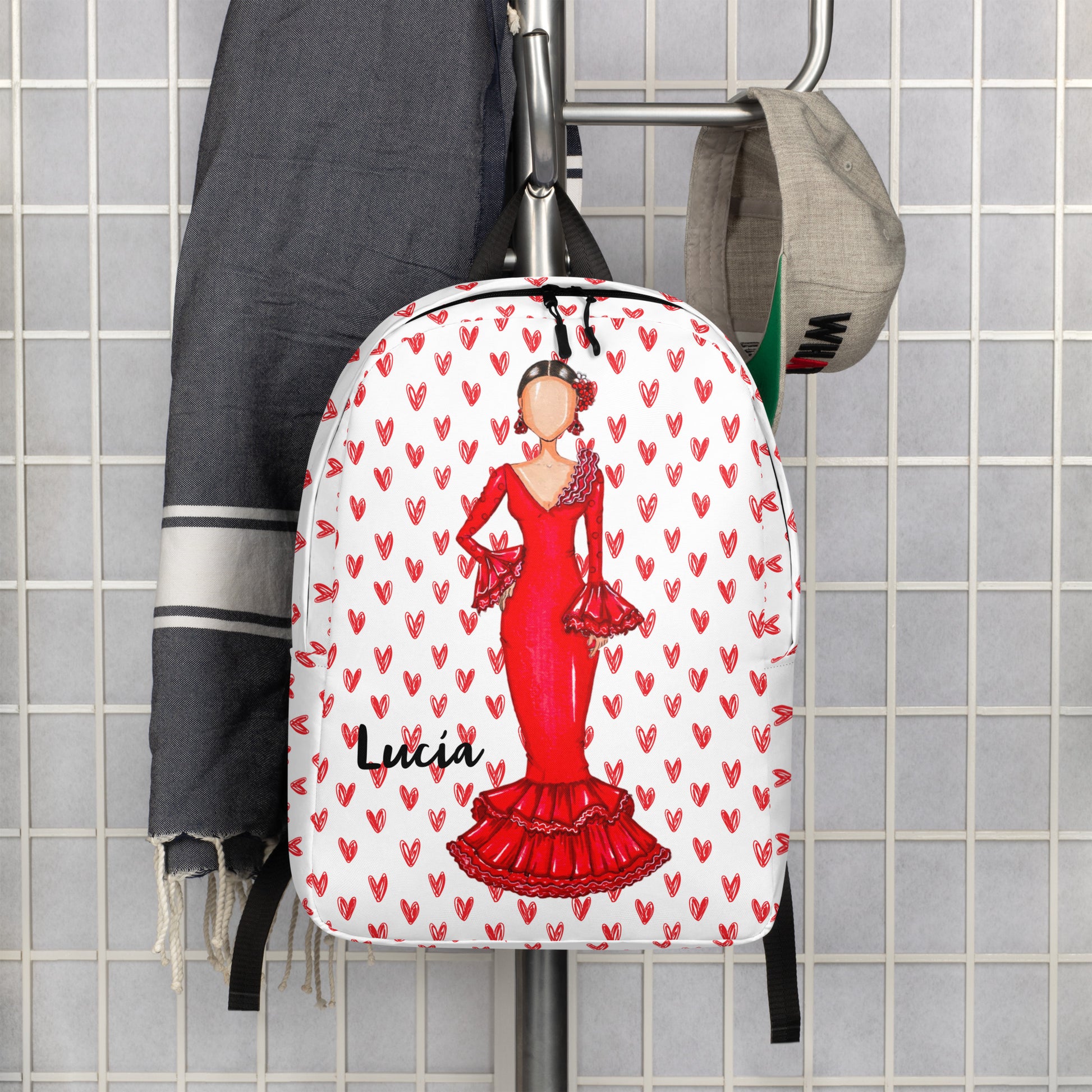 Flamenco Dancer Customizable Backpack, red dress with red hearts design. - IllustrArte