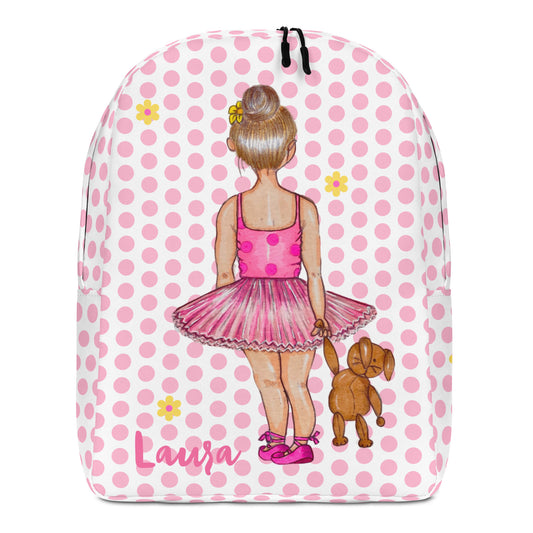 Ballerina girl Customizable Backpack, pink outfit with teddy bear design. - IllustrArte