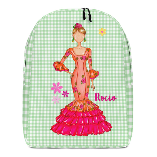 Flamenco Dancer Customizable Backpack, orange dress on a green gingham check design. - IllustrArte