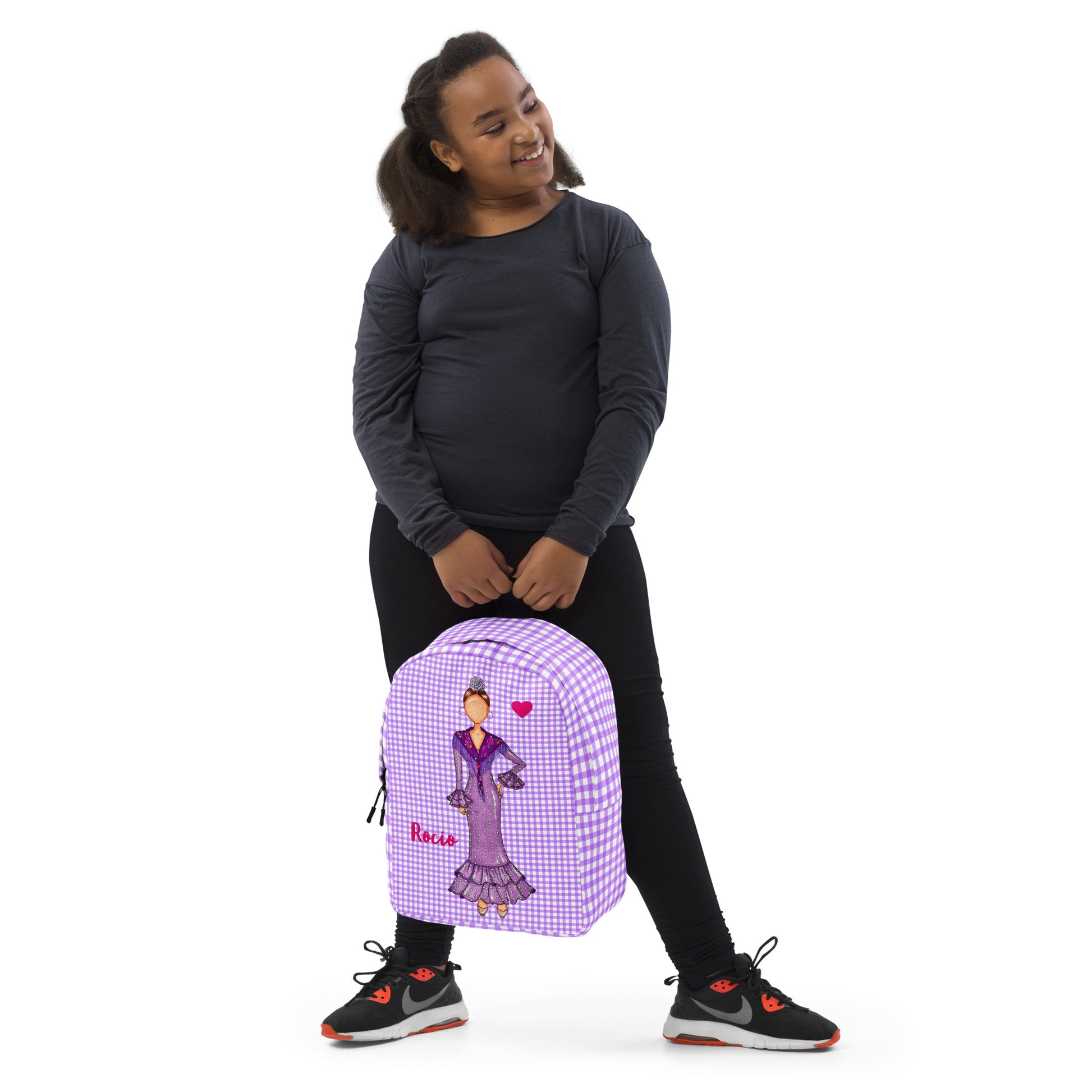 Flamenco Dancer Customizable Backpack, purple dress on a purple gingham check design. - IllustrArte