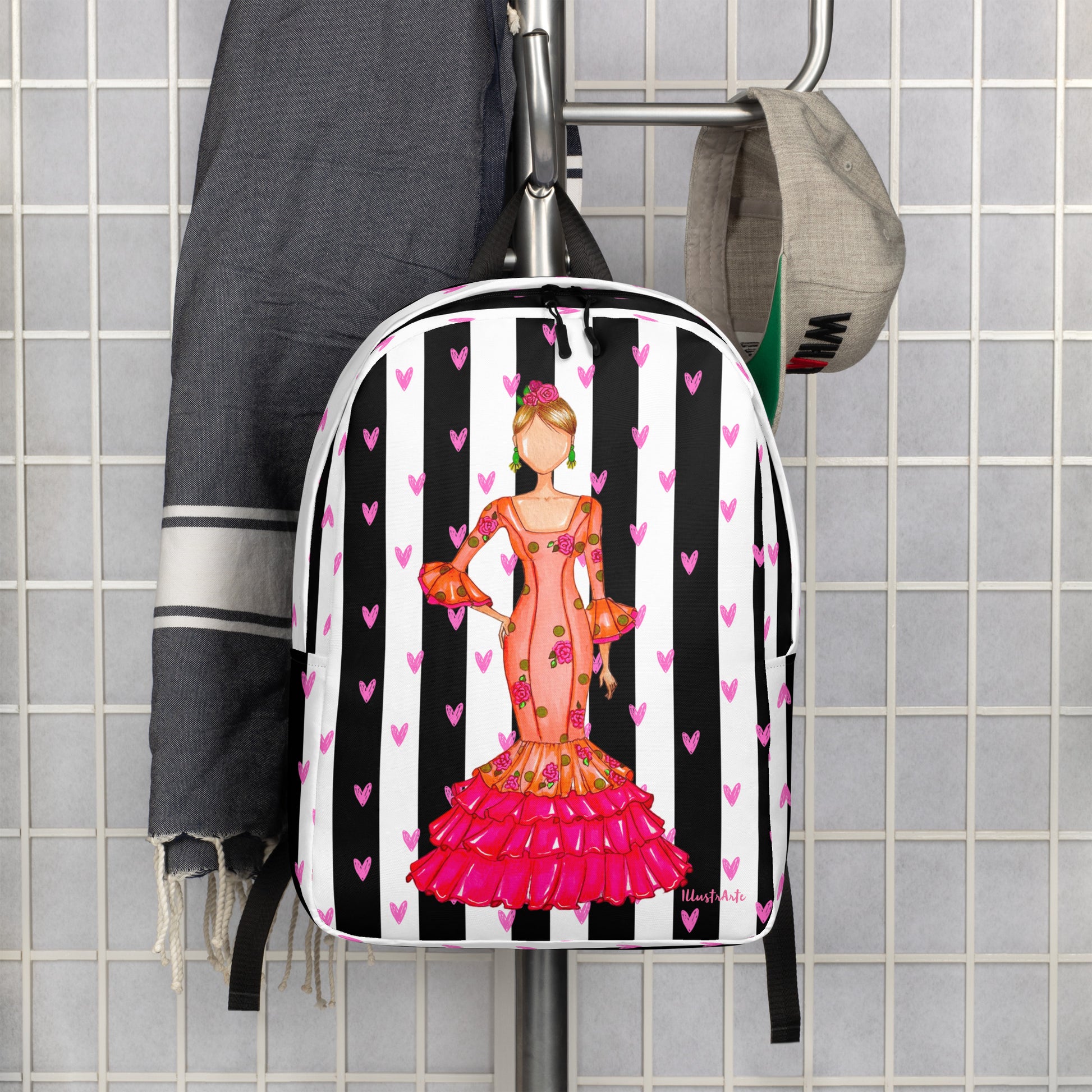 Flamenco Dancer Backpack, orange dress with pink hearts and black and white stripe design. - IllustrArte