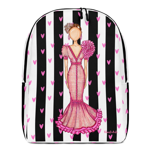 Flamenco Dancer Backpack, pink dress and pink hearts with a black and white stripe design design. - IllustrArte