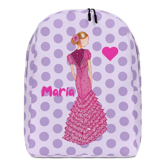 a backpack with a picture of a woman in a pink dress