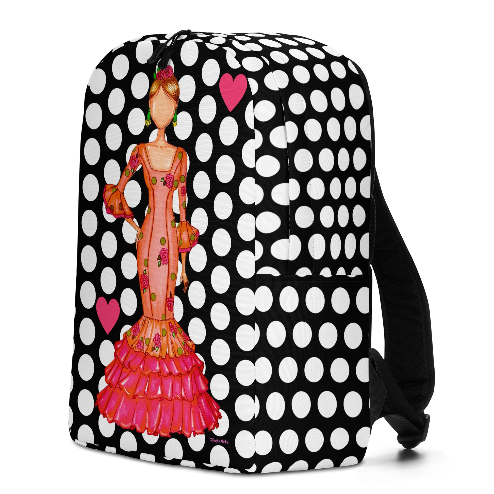 Flamenco Dancer Backpack, orange dress with a white polka dot design. - IllustrArte