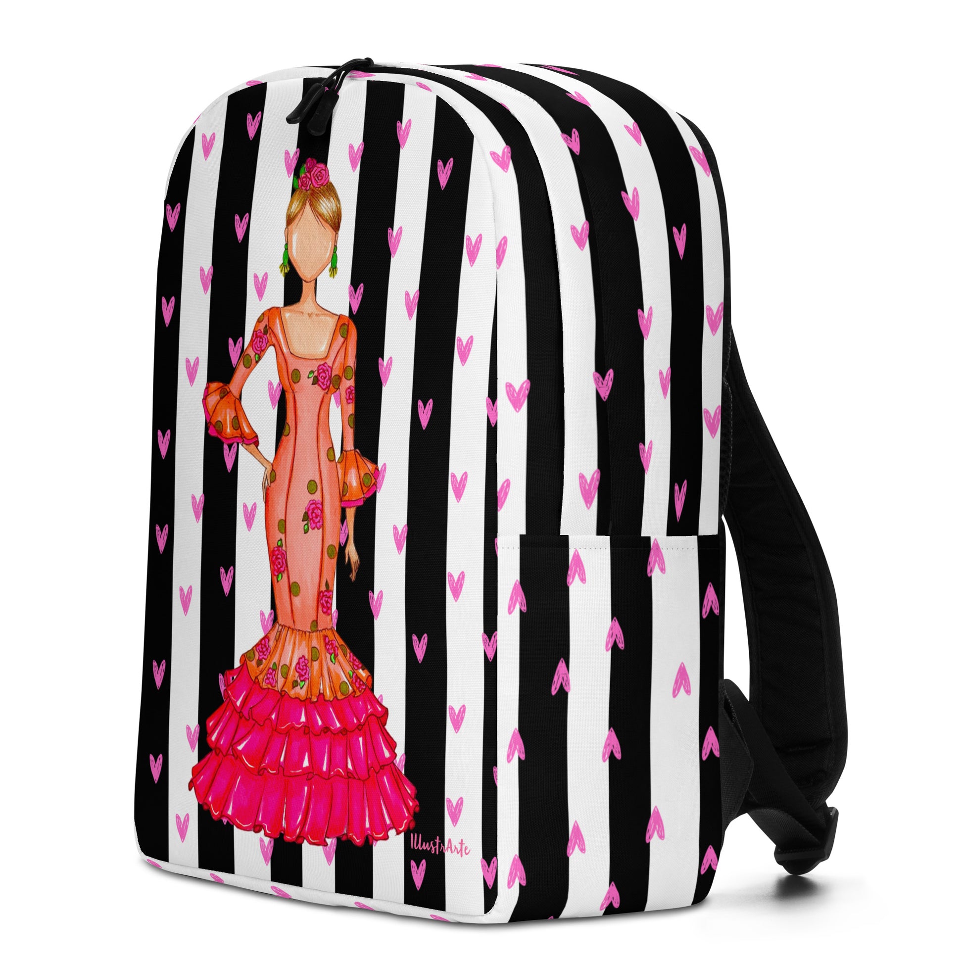 Flamenco Dancer Backpack, orange dress with pink hearts and black and white stripe design. - IllustrArte
