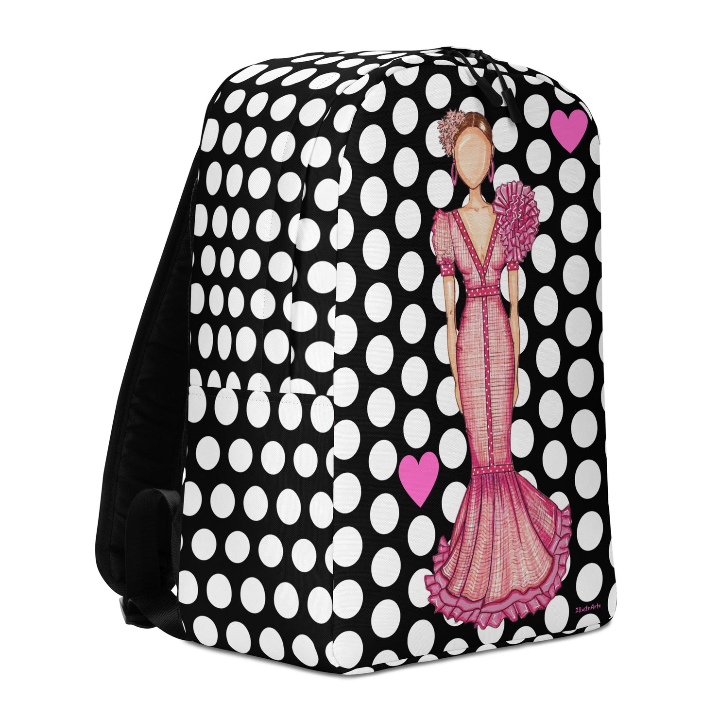 Flamenco Dancer Backpack, pink dress with white polka dot design. - IllustrArte