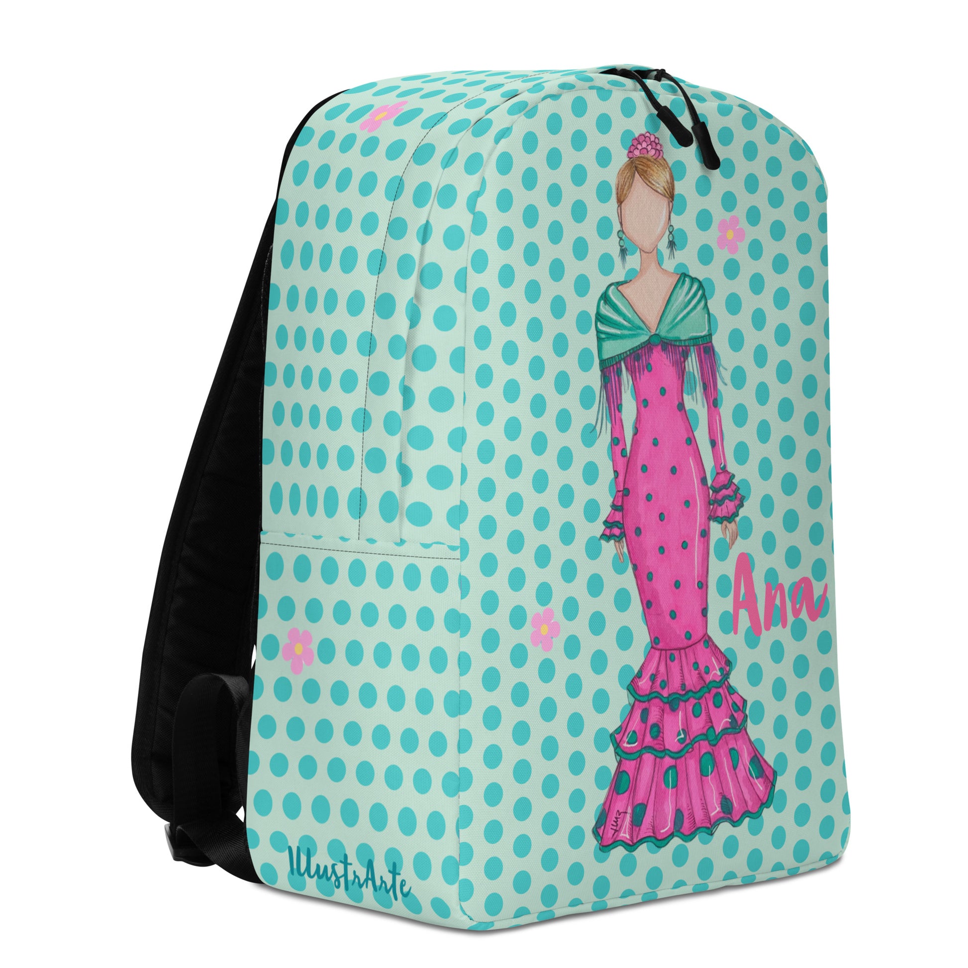 Flamenco Dancer Customizable Backpack, pink dress with a green shawl design. - IllustrArte
