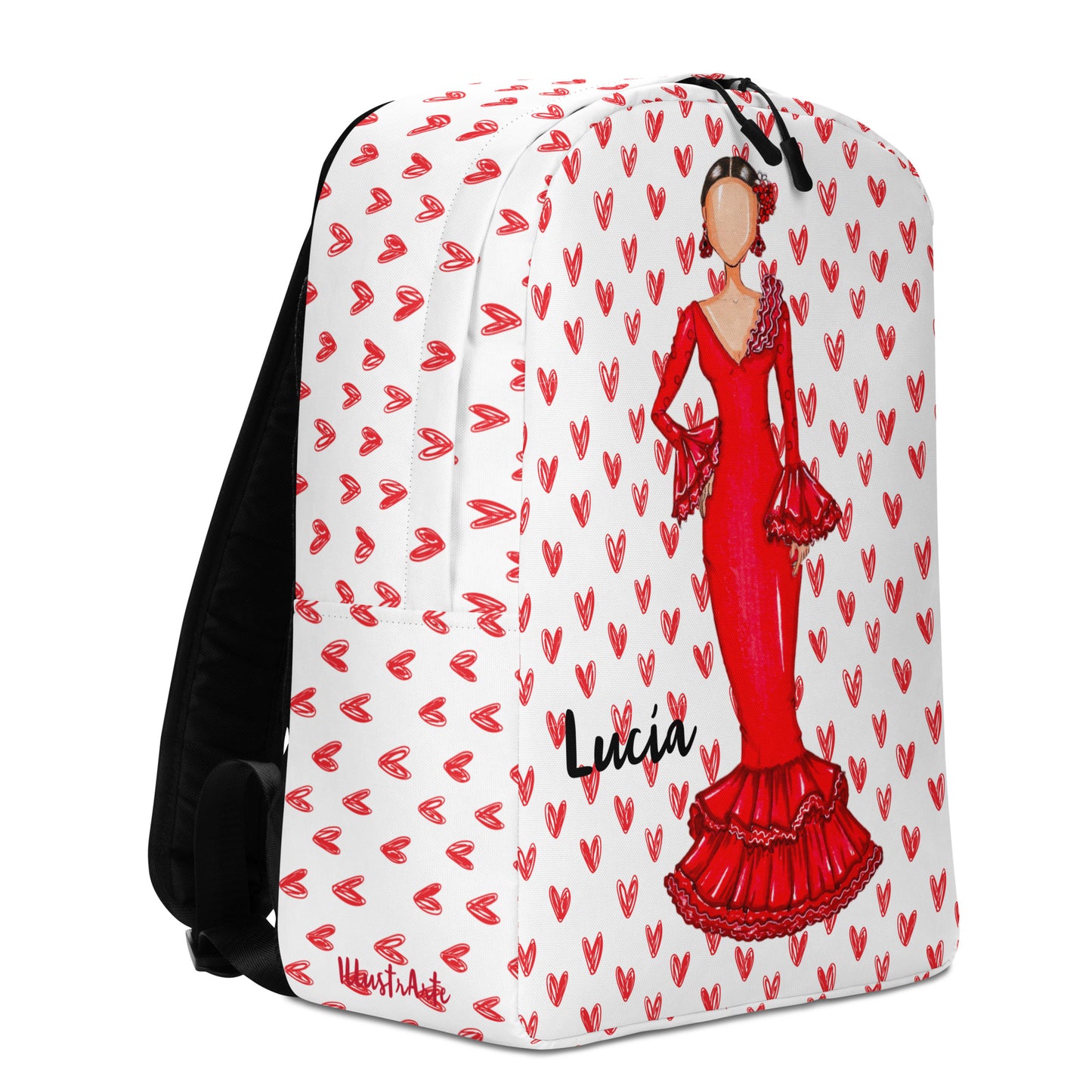 Flamenco Dancer Customizable Backpack, red dress with red hearts design. - IllustrArte