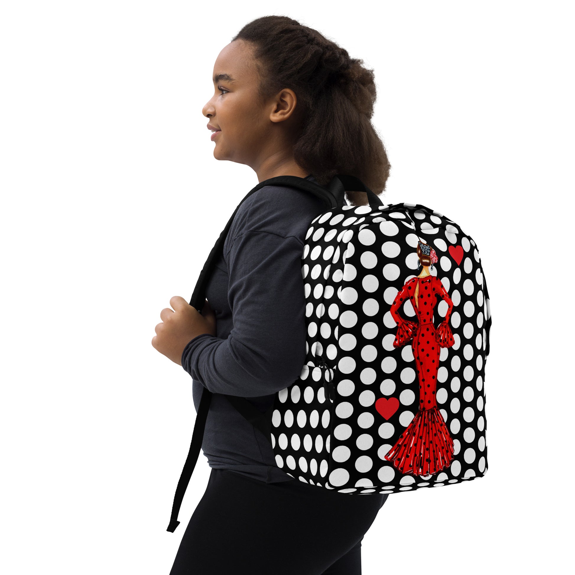 Flamenco Dancer Backpack, red dress with black polka dots on a white polka dot design. - IllustrArte