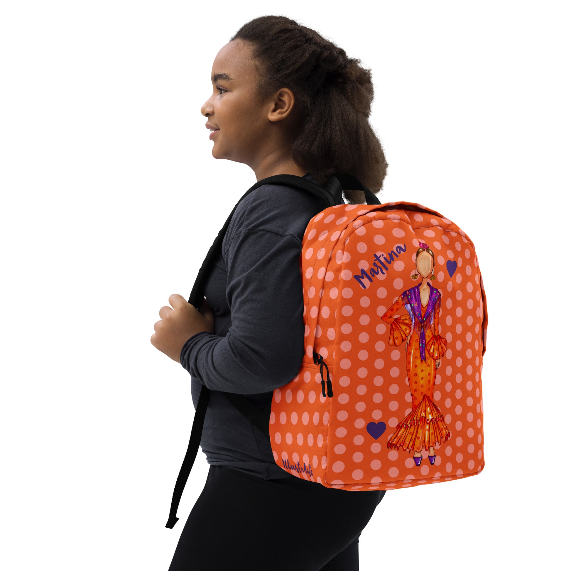 Flamenco Dancer Customizable Backpack, orange dress on a polka dot design. - IllustrArte