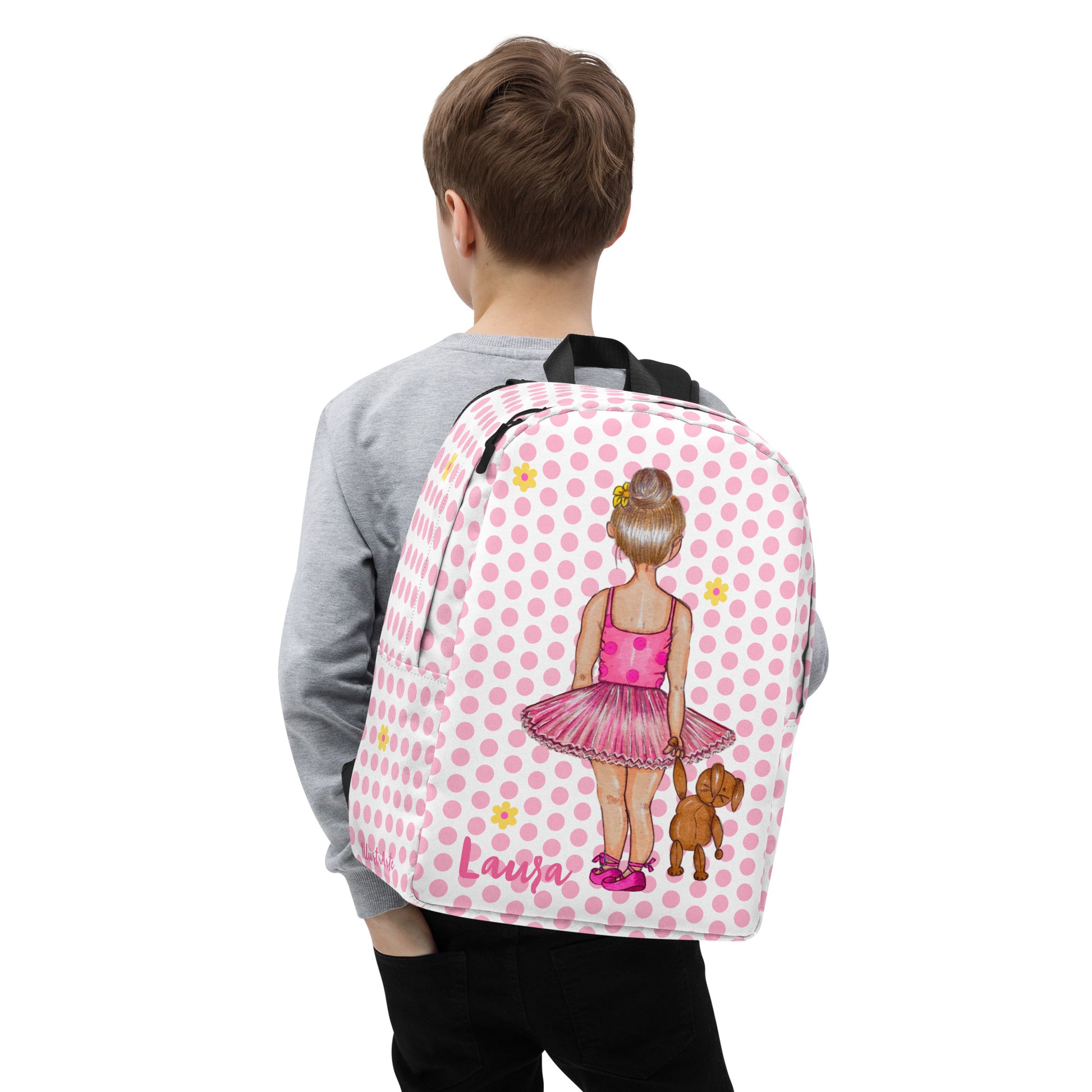 Ballerina girl Customizable Backpack, pink outfit with teddy bear design. - IllustrArte