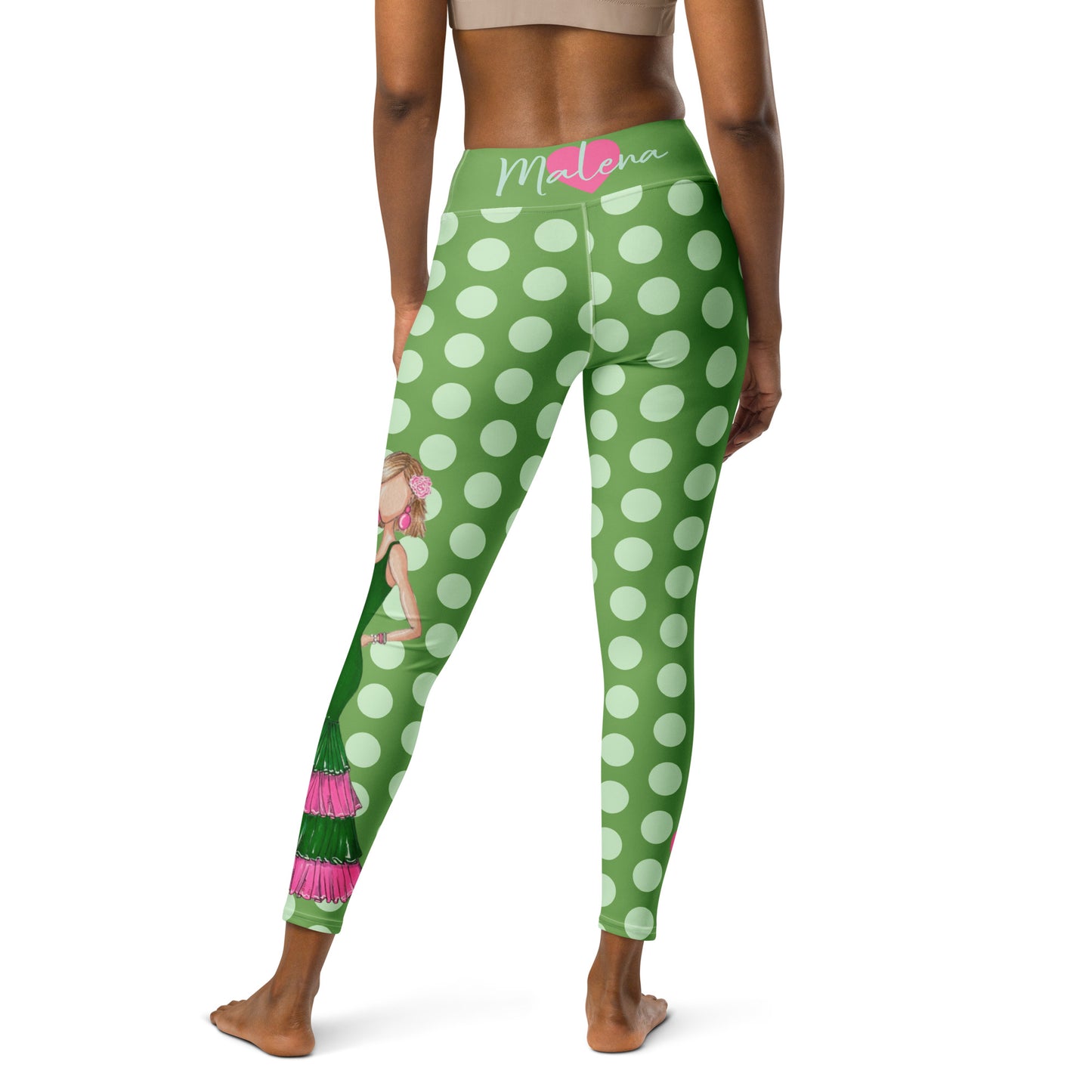 Flamenco Dancer Leggings, green high waisted yoga leggings with a green and pink dress design and green polka dots - IllustrArte