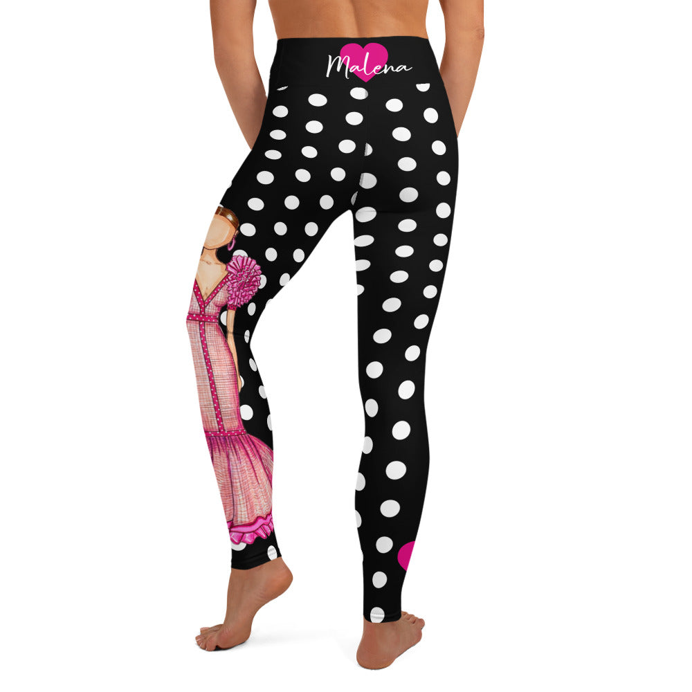 Flamenco Dancer Leggings, black with white polka dots high waisted yoga leggings with a pink dress design - IllustrArte
