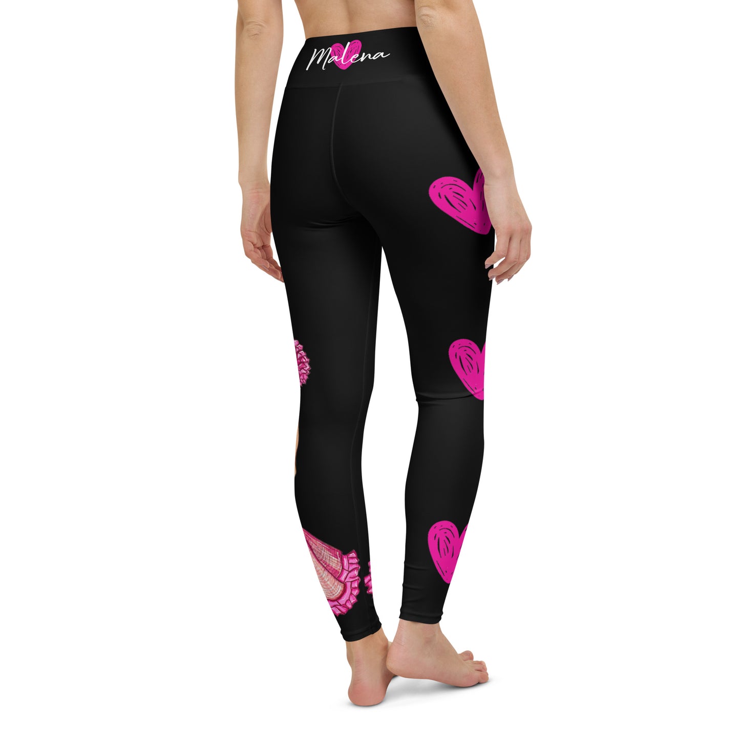 Flamenco Dancer Leggings, black high waisted yoga leggings with a pink dress and pink hearts design - IllustrArte