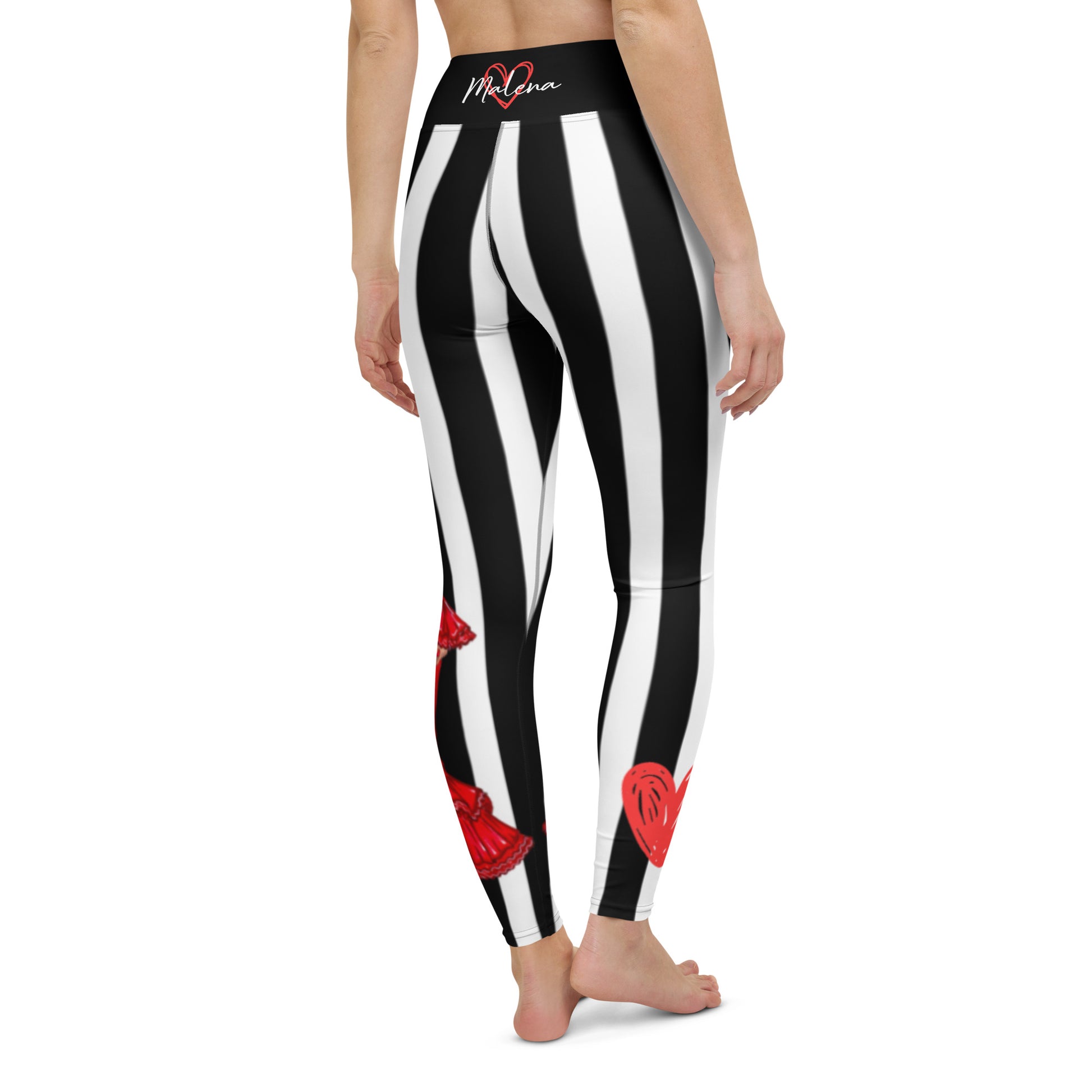 Flamenco Dancer Leggings, black and white striped high waisted yoga leggings with a red dress design - IllustrArte