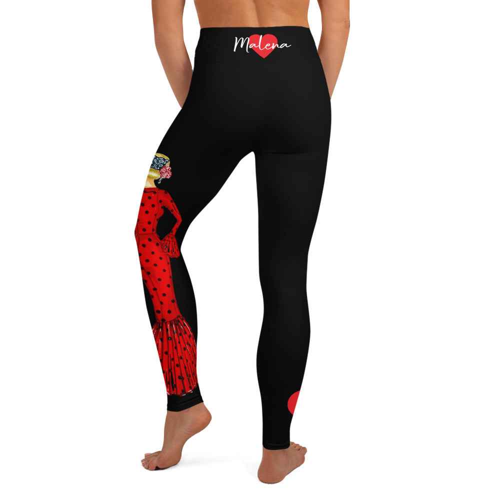 Flamenco Dancer Leggings, black high waisted yoga leggings with a red dress and red heart design - IllustrArte