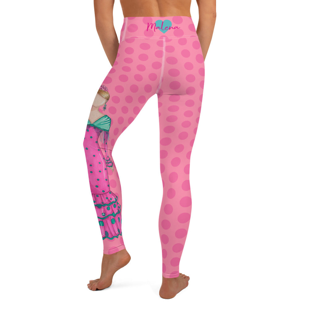 Flamenco Dancer Leggings, pink with pink polka dots high waisted yoga leggings with a pink dress and green shawl design - IllustrArte
