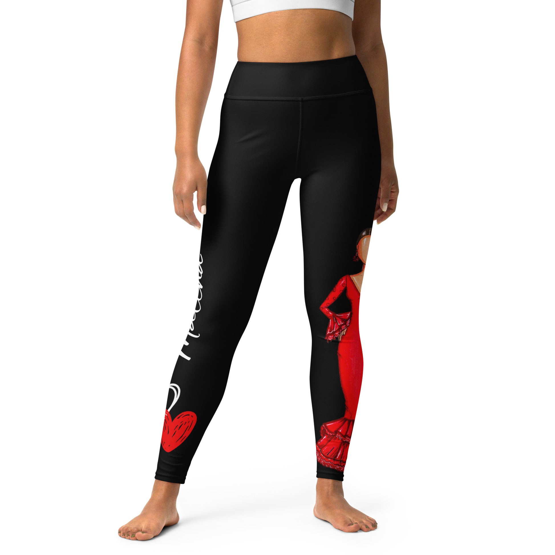Flamenco Dancer Leggings, black  high waisted yoga leggings with a red dress design and white and red hearts. - IllustrArte