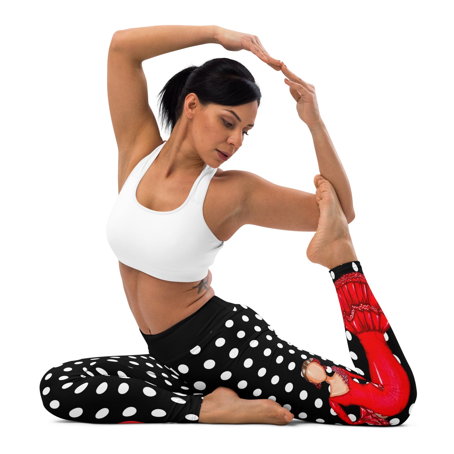 Flamenco Dancer Leggings, black with white polka dots high waisted yoga leggings with a red dress design - IllustrArte