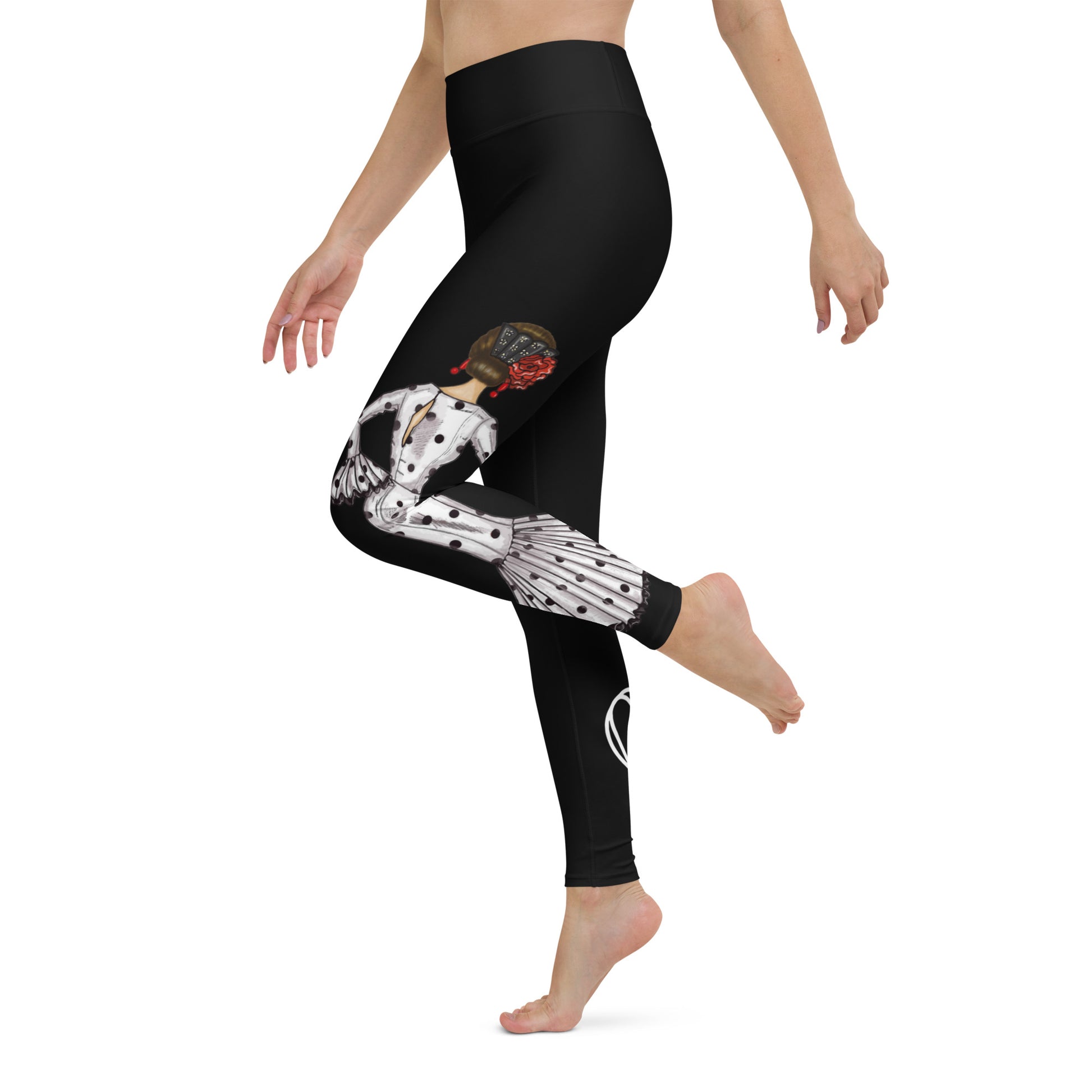 Flamenco Dancer Leggings, black  high waisted yoga leggings with a white dress design with black polka dots and red hearts. - IllustrArte