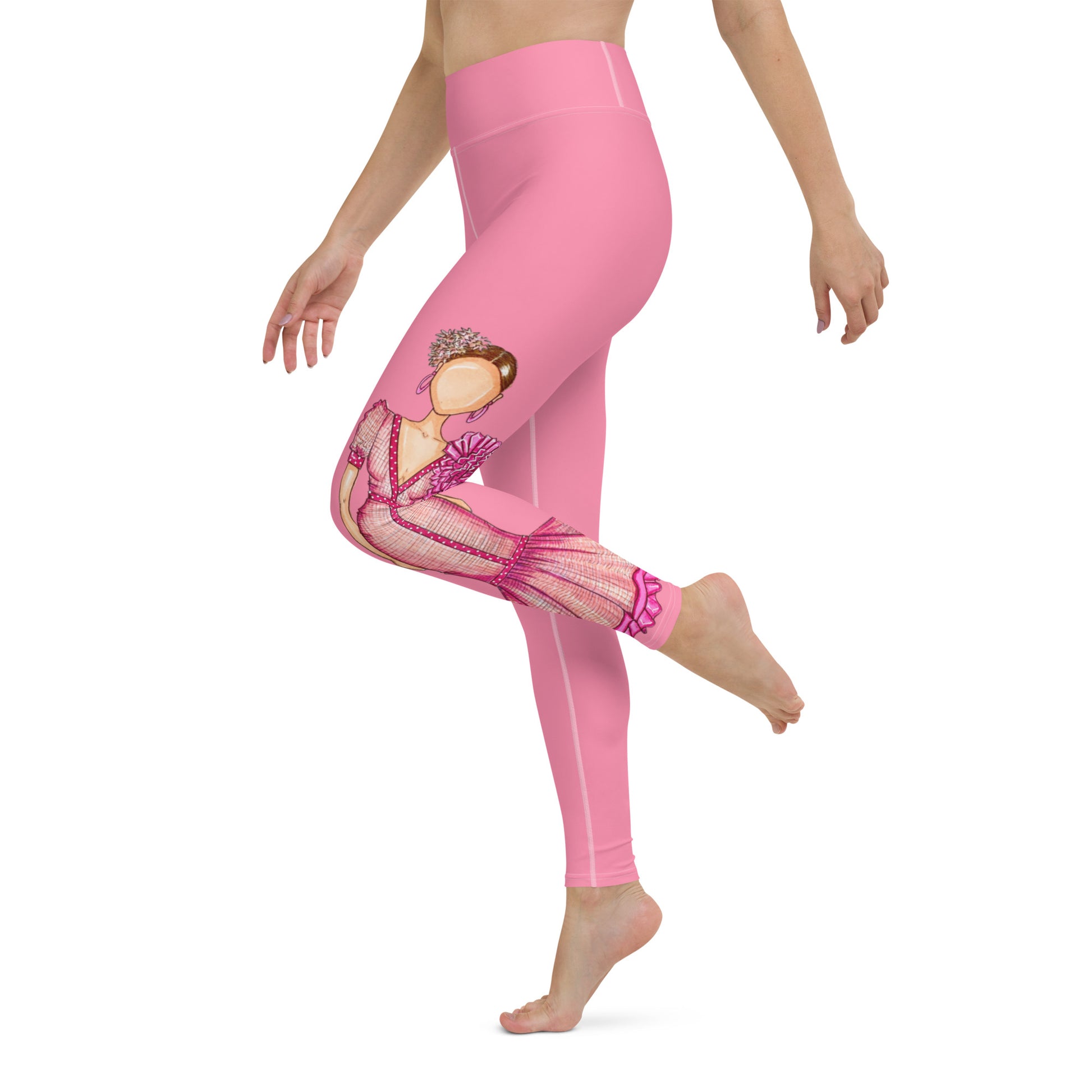 Flamenco Dancer Leggings, pink high waisted yoga leggings with a pink dress - IllustrArte
