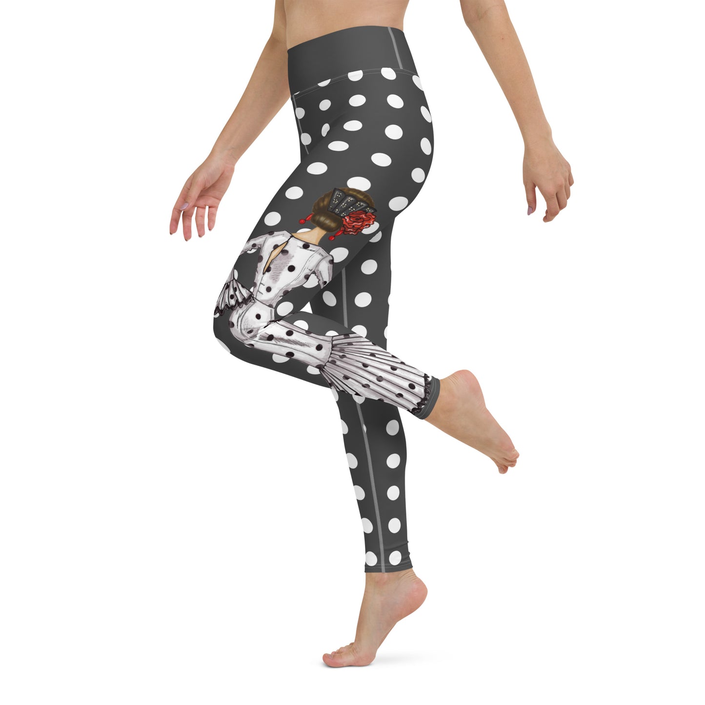 Flamenco Dancer Leggings, gray high waisted yoga leggings with a white dress and black polka dots design - IllustrArte