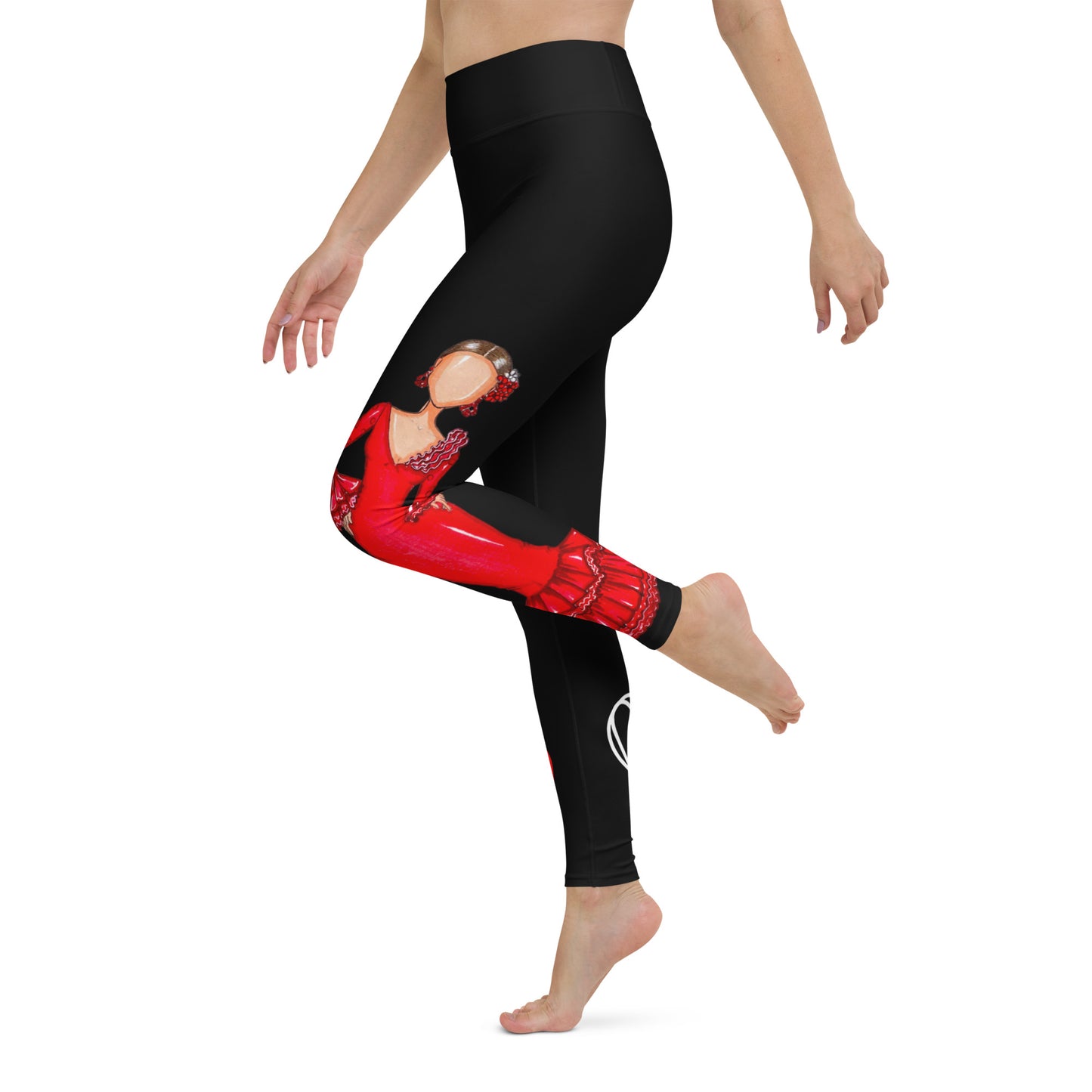 Flamenco Dancer Leggings, black  high waisted yoga leggings with a red dress design and white and red hearts. - IllustrArte
