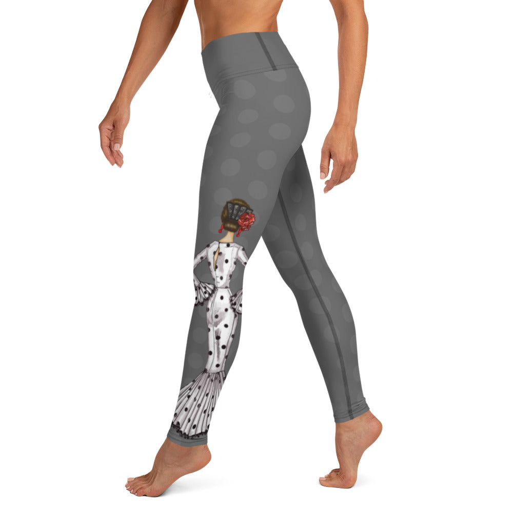 Flamenco Dancer Leggings, gray high waisted yoga leggings with a white dress and black polka dots design. - IllustrArte