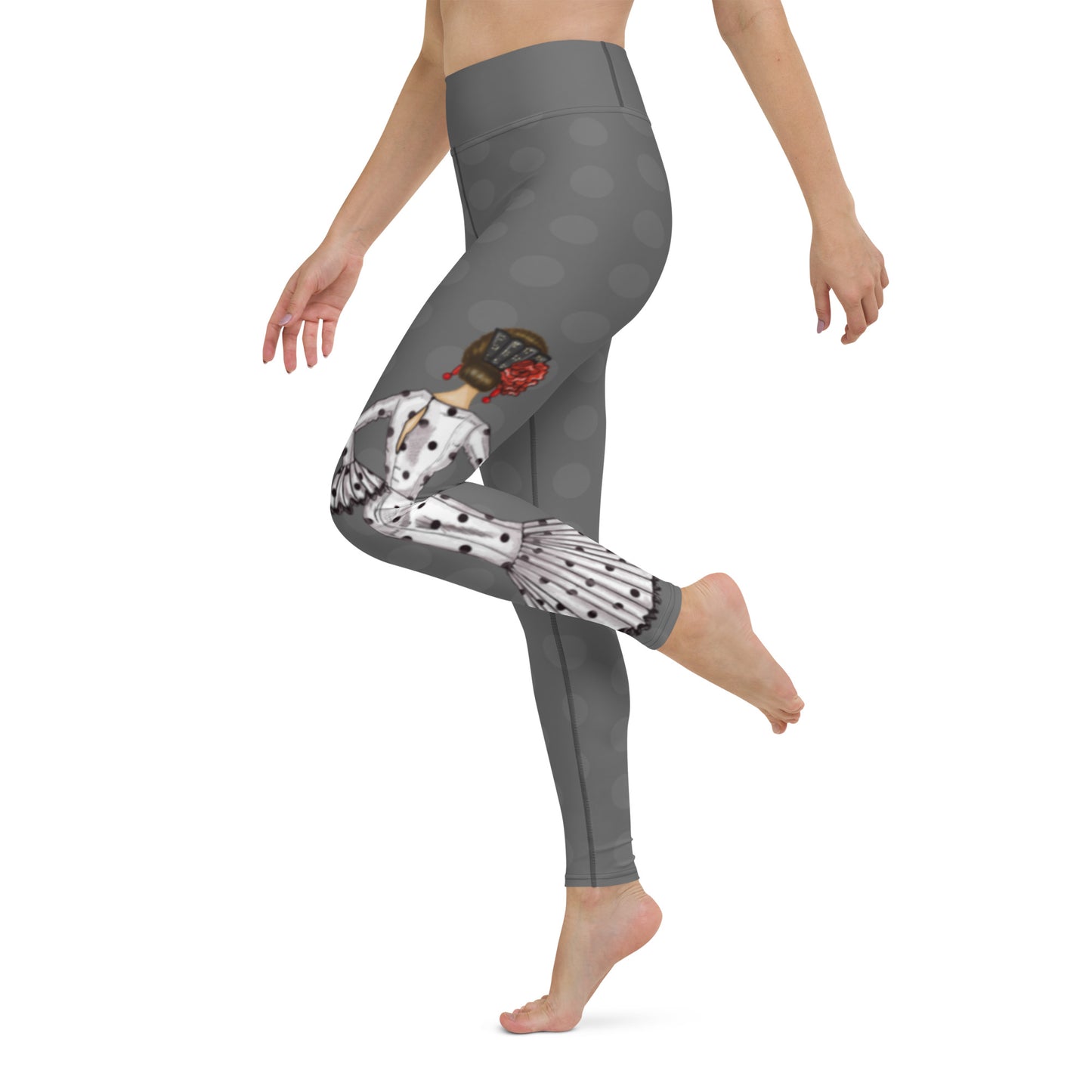 Flamenco Dancer Leggings, gray high waisted yoga leggings with a white dress and black polka dots design. - IllustrArte