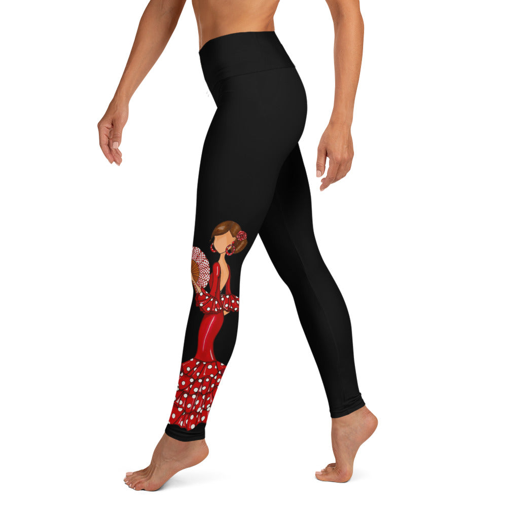 Flamenco Dancer Leggings, black high waisted yoga leggings with a red dress and a hand fan design - IllustrArte