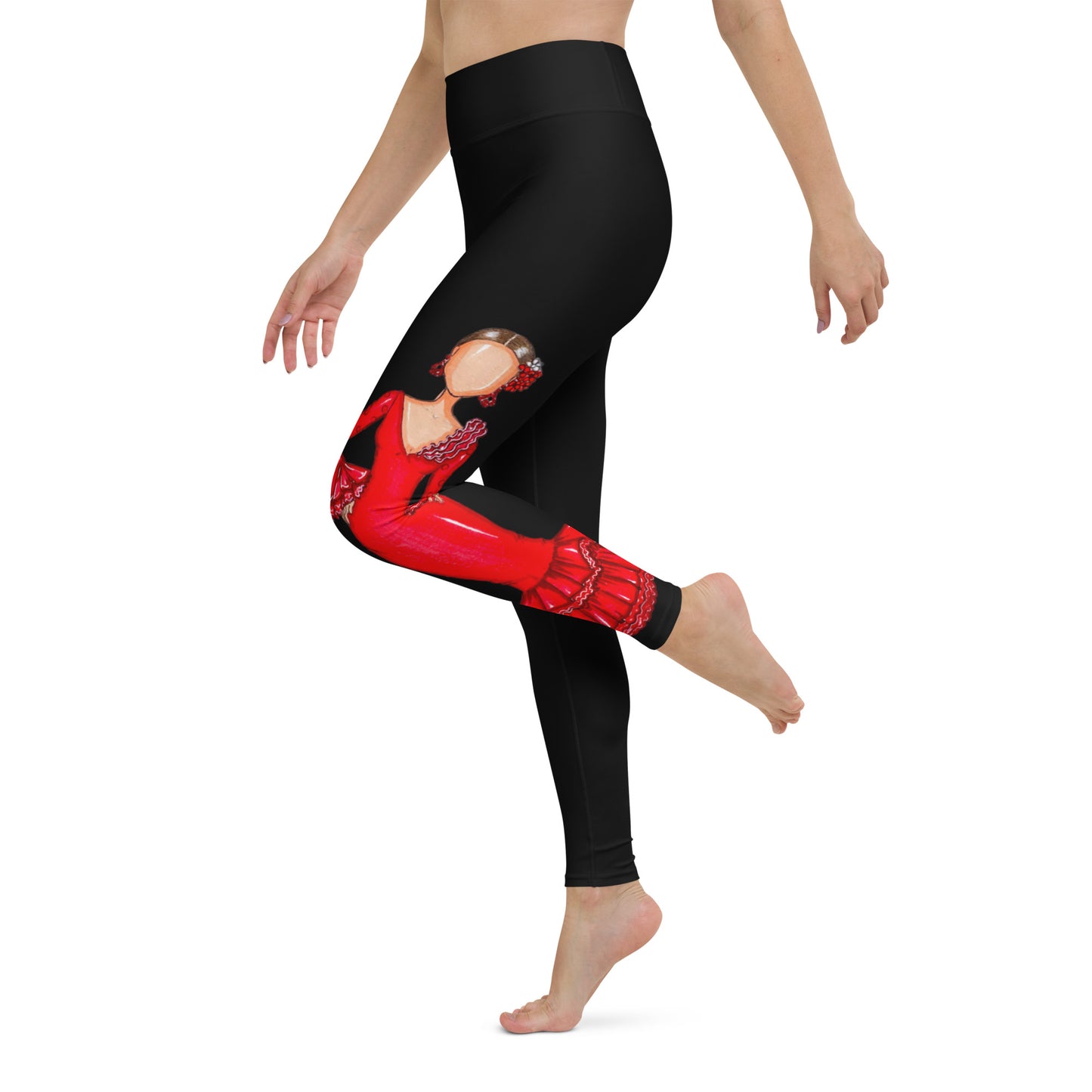 Flamenco Dancer Leggings, black high waisted yoga leggings with a red dress design - IllustrArte