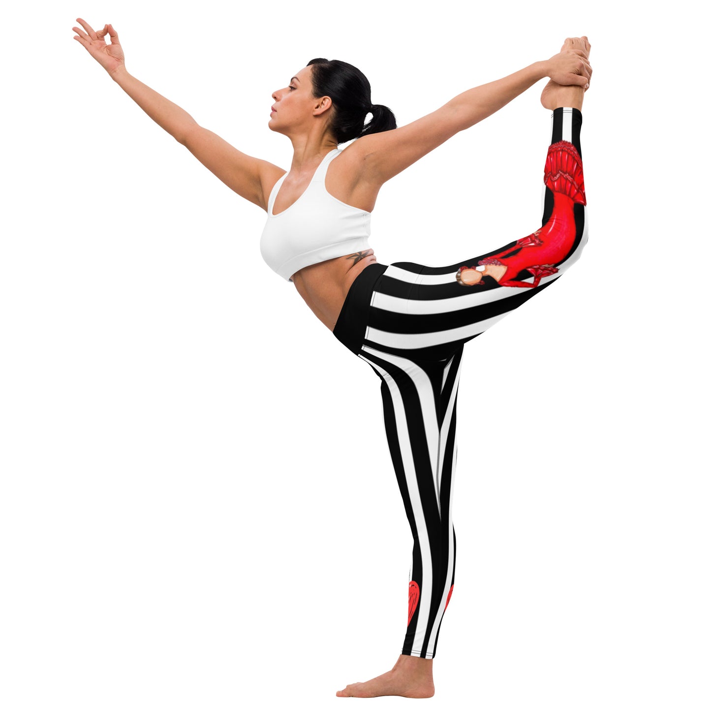 Flamenco Dancer Leggings, black and white striped high waisted yoga leggings with a red dress design - IllustrArte