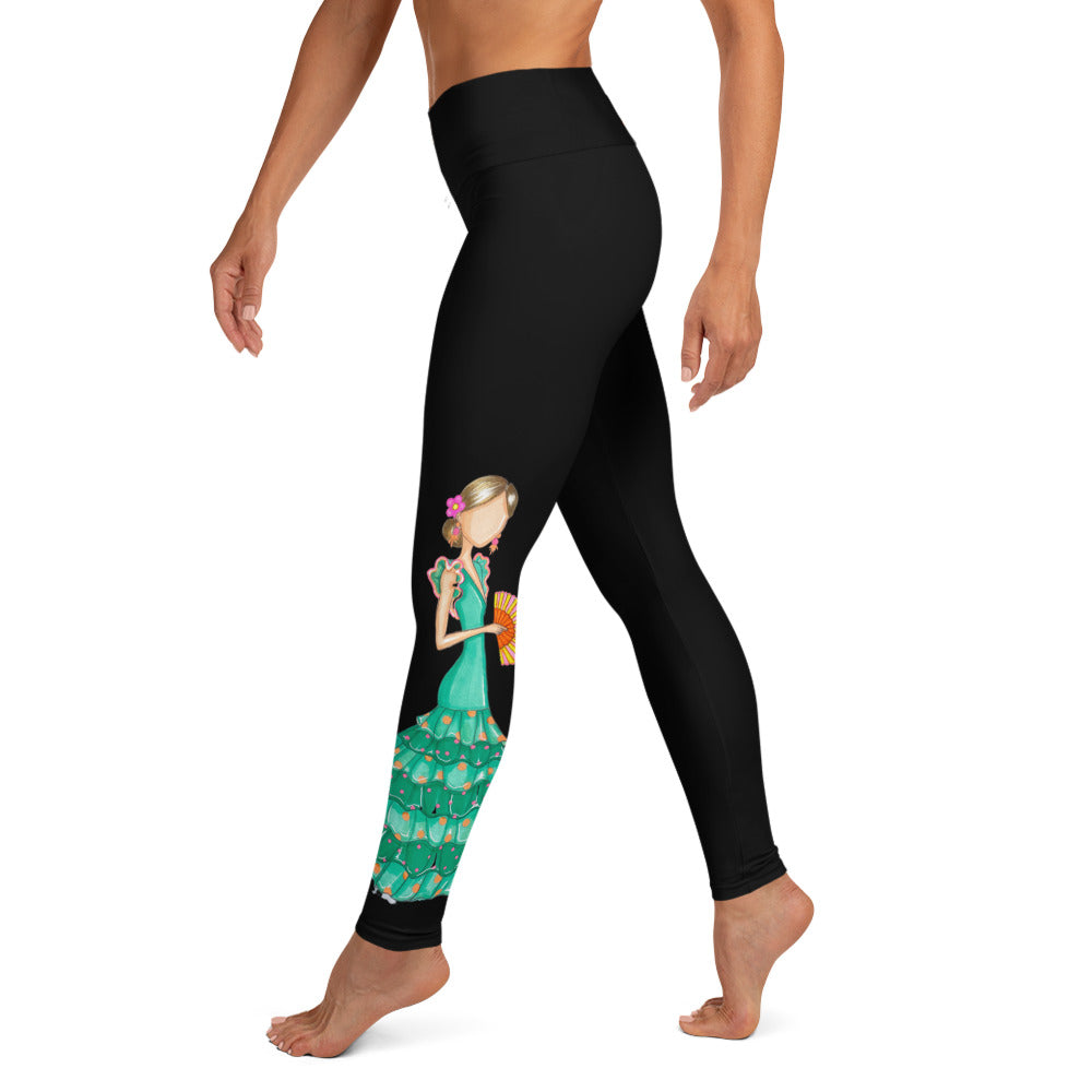 Flamenco Dancer Leggings, black high waisted yoga leggings with a green dress and a yellow flower design - IllustrArte