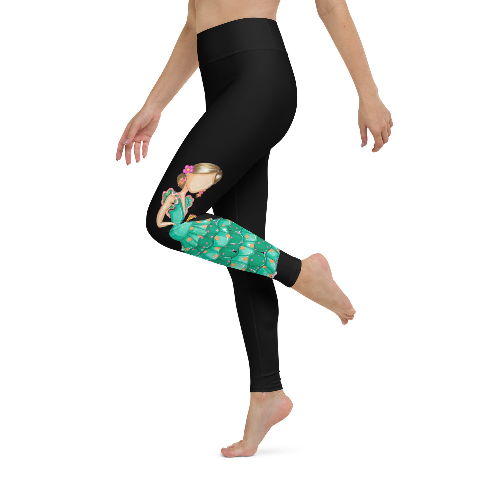 Flamenco Dancer Leggings, black high waisted yoga leggings with a green dress and a yellow flower design - IllustrArte
