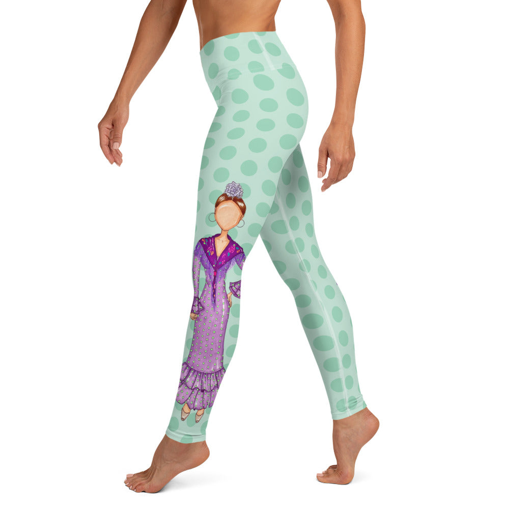 Flamenco Dancer Leggings, green with green polka dots high waisted yoga leggings with a purple dress design - IllustrArte